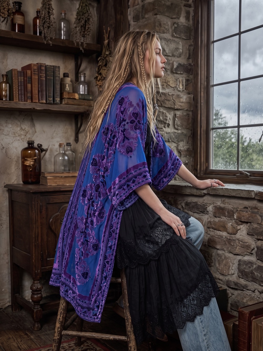 Free People Witchy Bohemian Muse Burn Out Velvet Devore Kimono Purple Blue OS - Picture 4 of 10